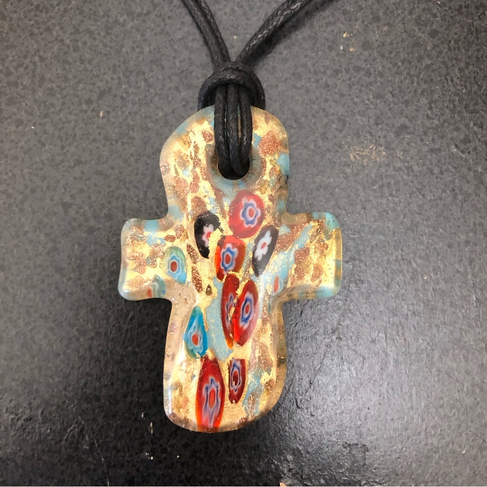 Murano Gold/Blue Cross Pendant Necklace with Black Chord - Picture 3 of 6